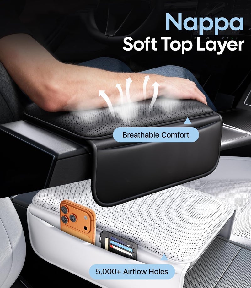 Wigoo Tesla New Model Y Juniper & Model 3 Highland Center Console Cover, [Soft Support, Anti-Scratch] Nappa Leather Car Armrest Cover Cushion with 2 Storage Bags, Arm Rest Protector Accessories White - Image 2